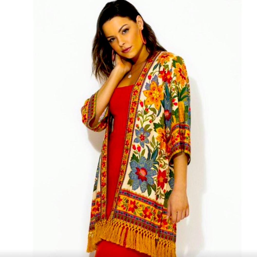 Farm Rio Anthropologie Macaw Flower Kimono Top Beige Brazil Coverup S